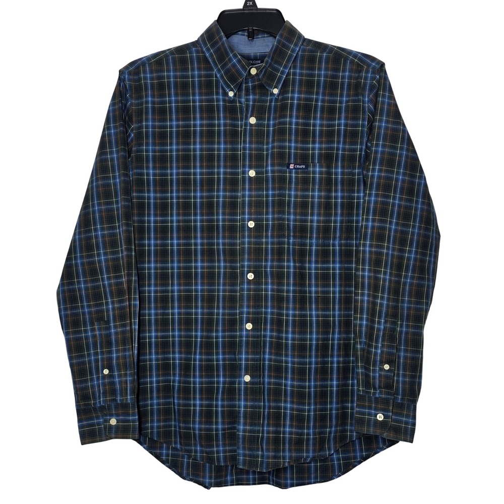 Chaps Mens M Plaid Button Down Shirt Blue Green Long Sleeve Easy Care Pocket